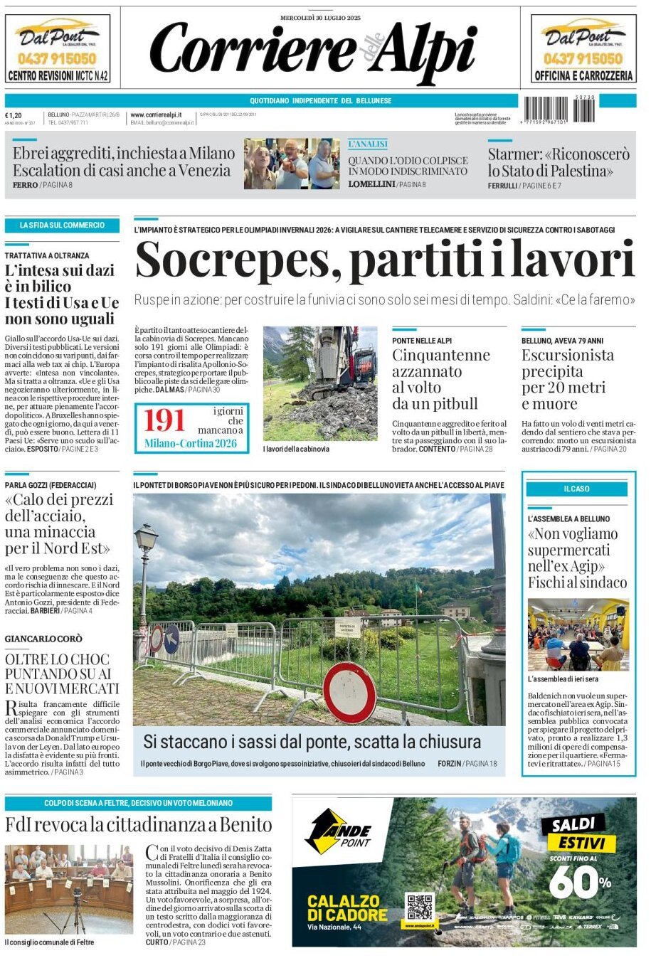 Prima Pagina Corriere delle Alpi (Belluno) 30/07/2025