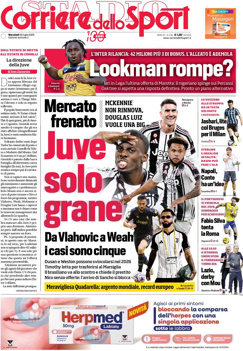 Prima Pagina Corriere dello Sport 30/07/2025