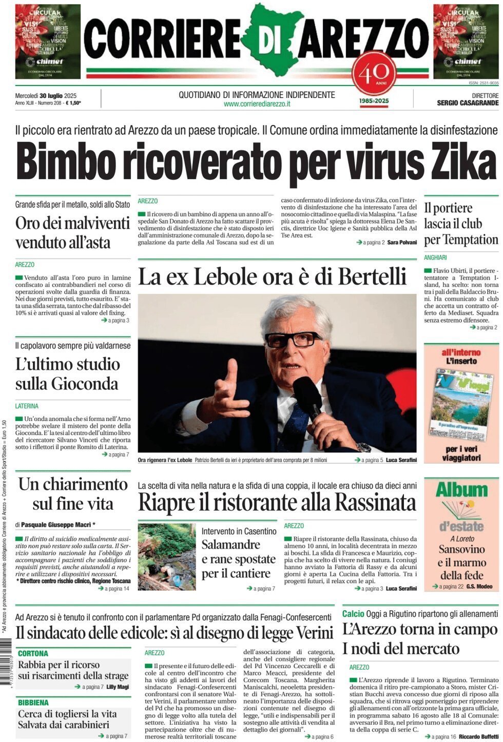 Prima Pagina Corriere di Arezzo 30/07/2025