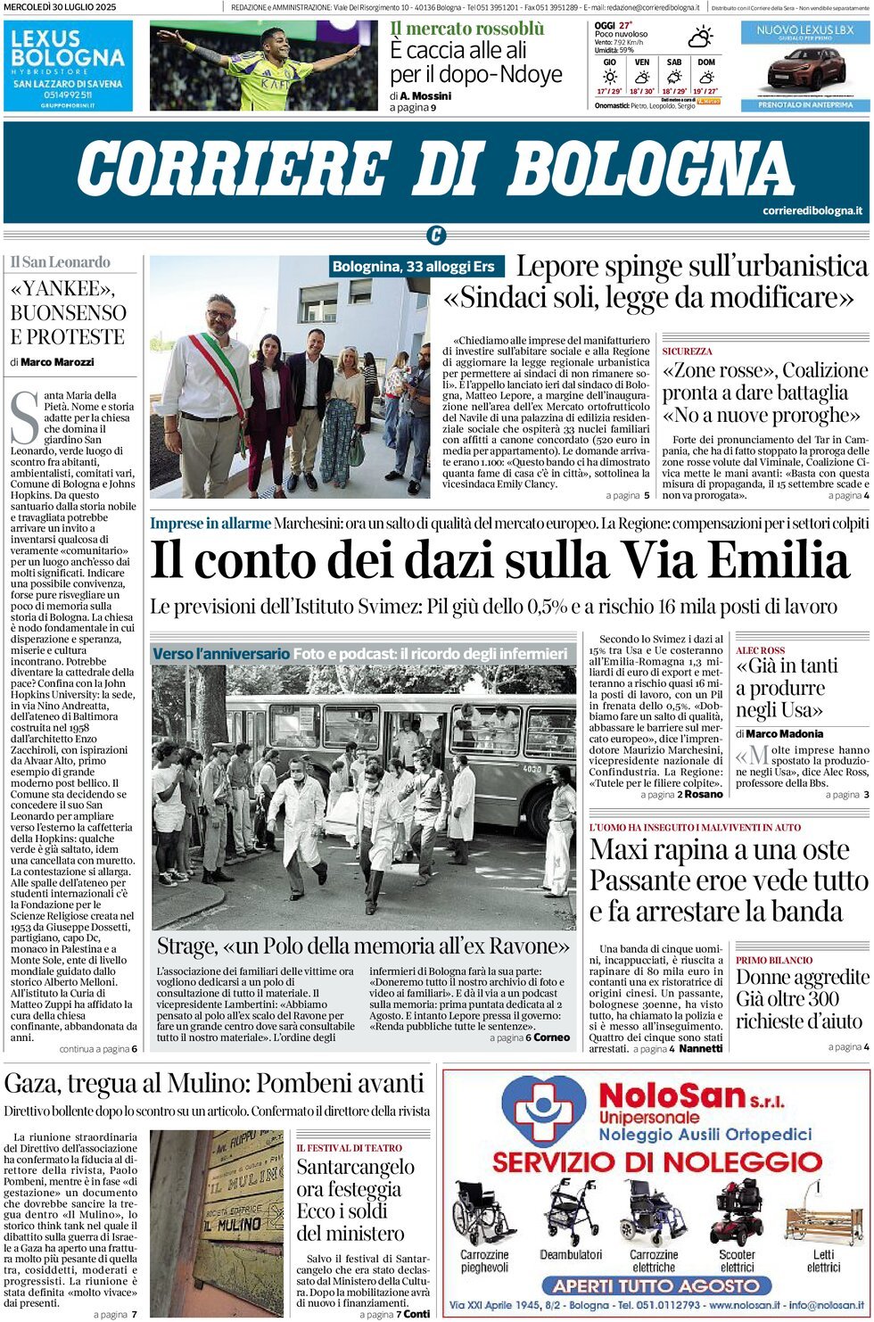 Prima Pagina Corriere di Bologna 30/07/2025