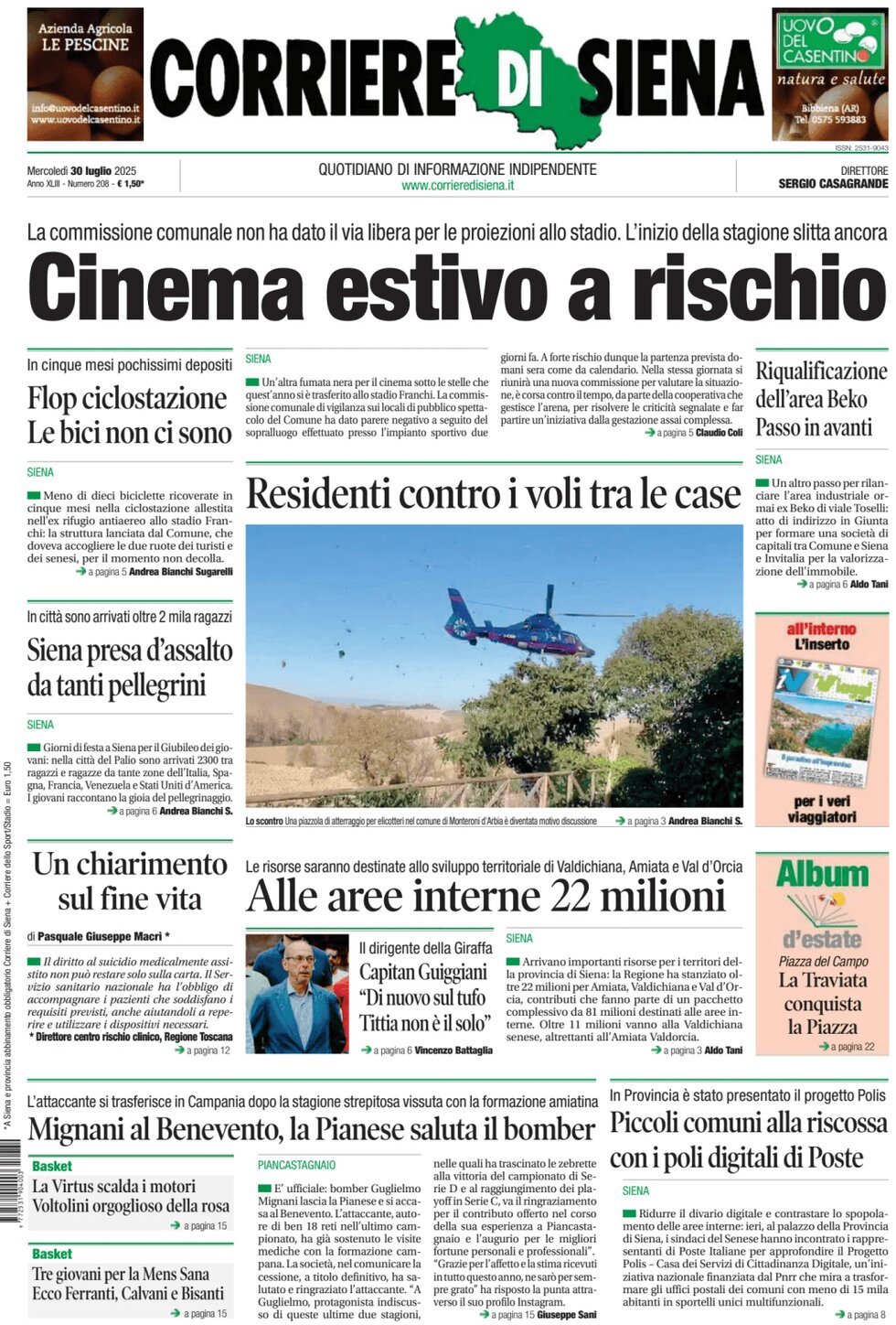 Prima Pagina Corriere di Siena 30/07/2025