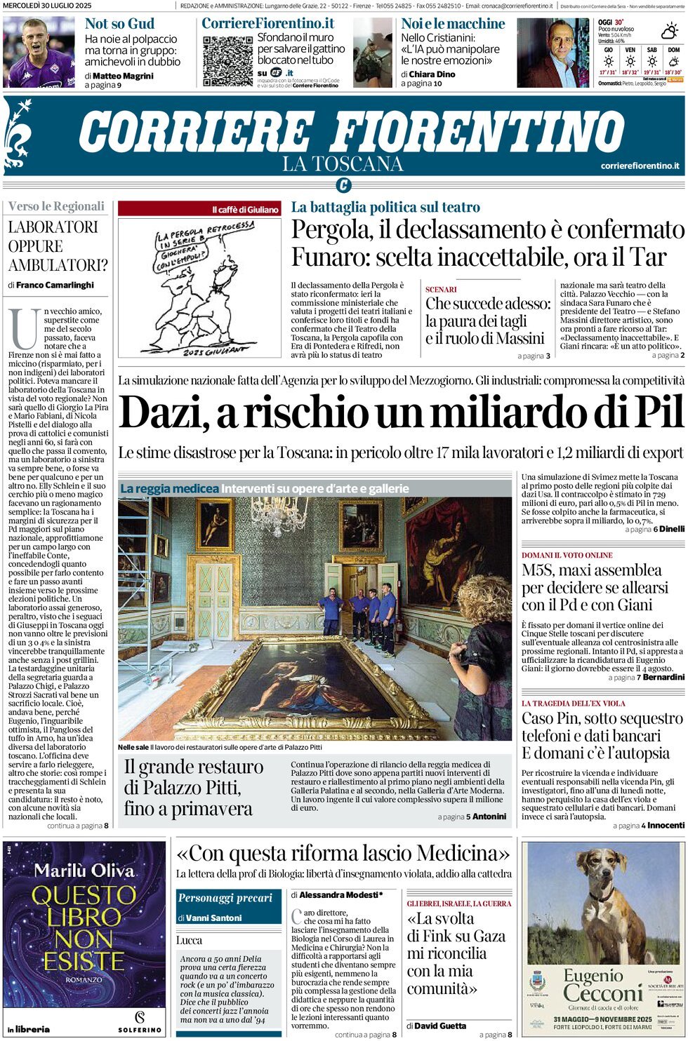 Prima Pagina Corriere Fiorentino 30/07/2025