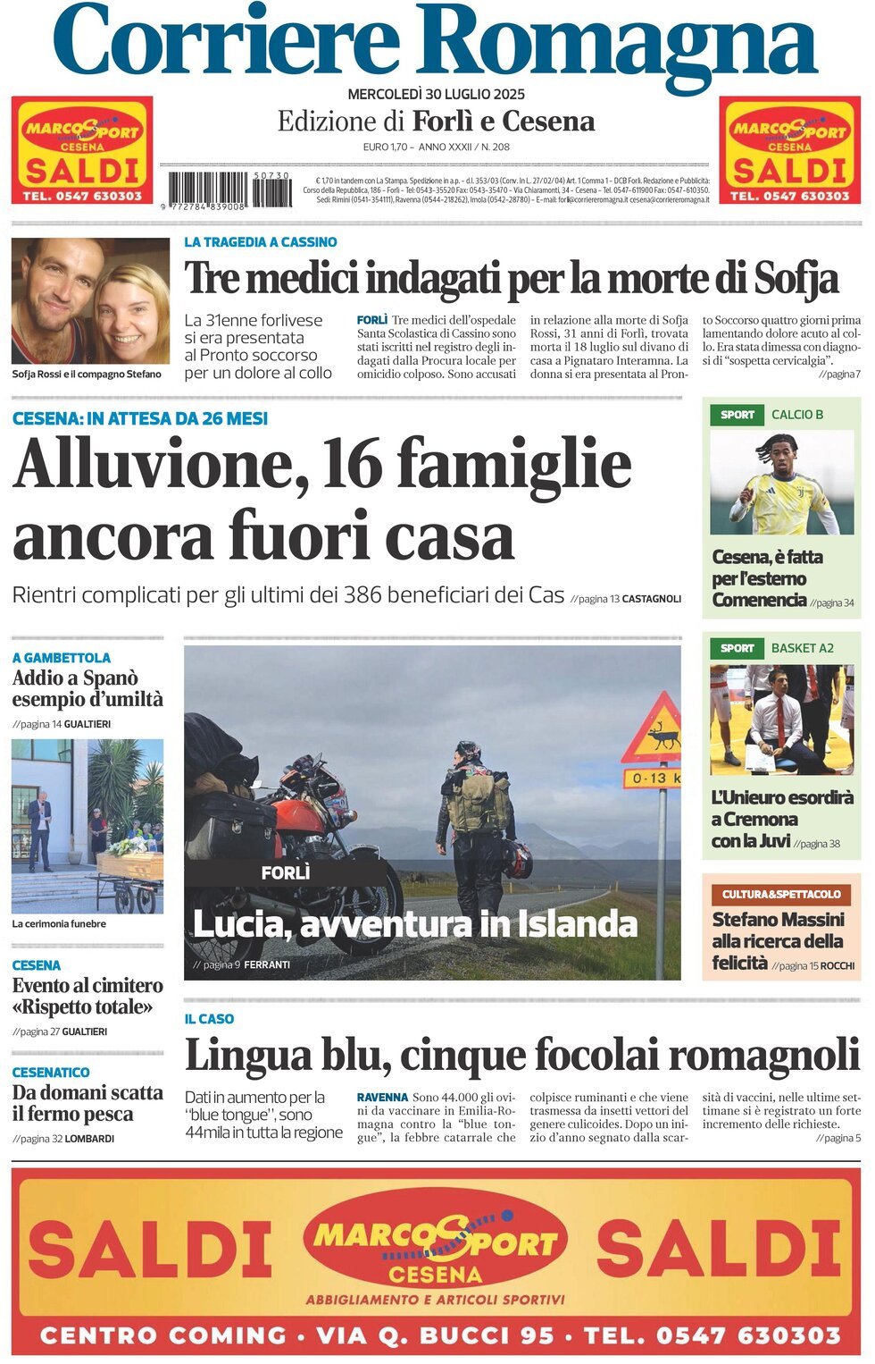 Prima Pagina Corriere Romagna (Forlì e Cesena) 30/07/2025