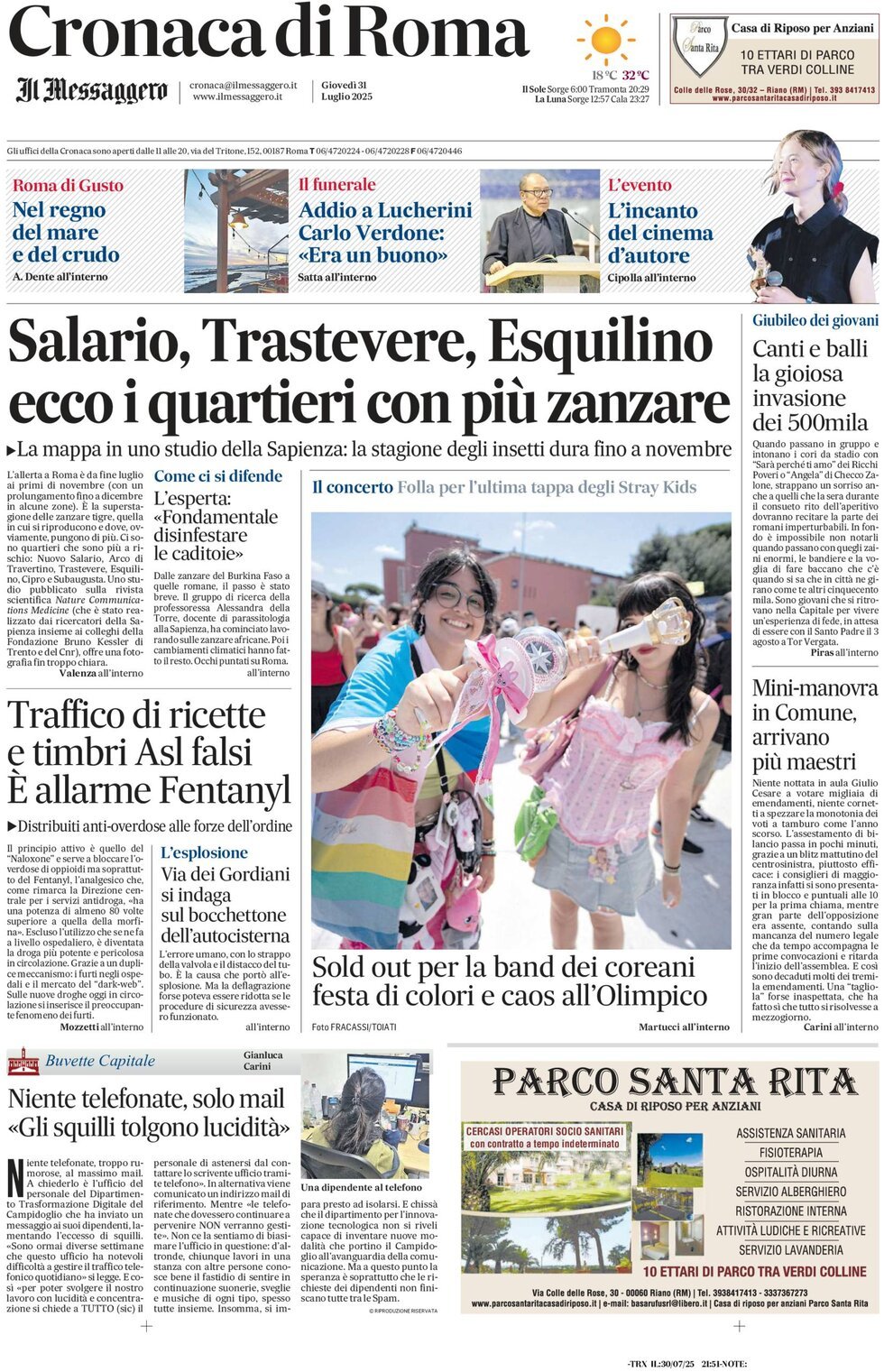 Prima Pagina Cronaca di Roma (Il Messaggero) 31/07/2025