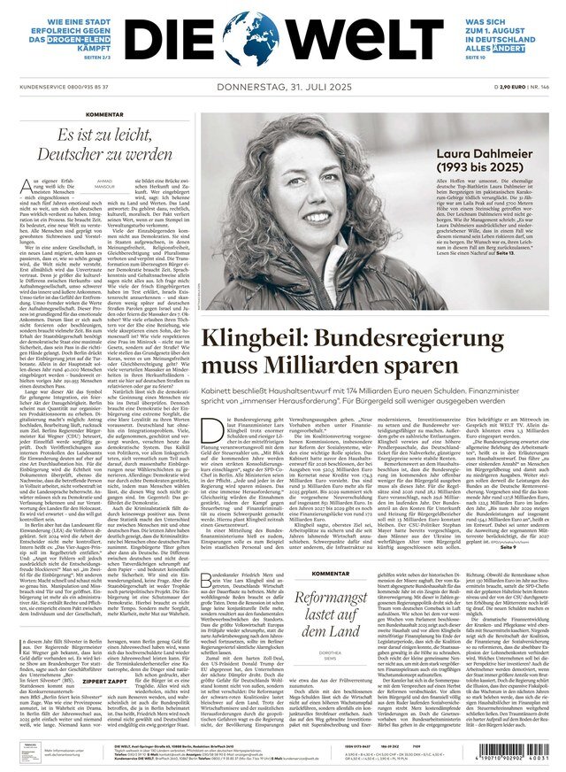 Prima Pagina Die Welt 31/07/2025