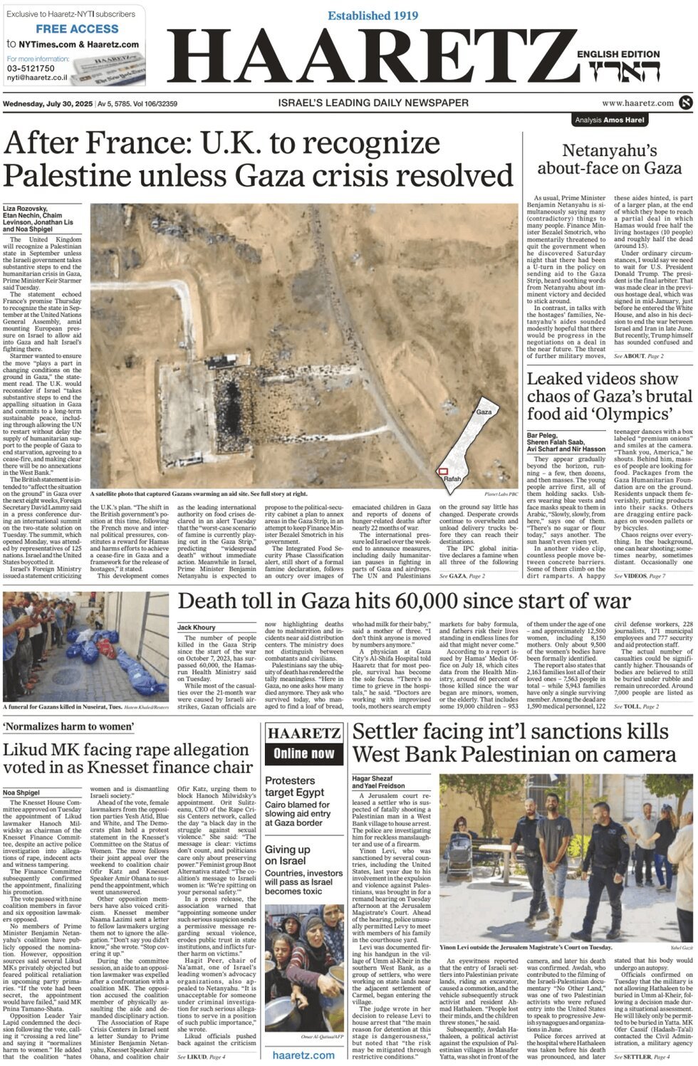 Prima Pagina Haaretz 30/07/2025