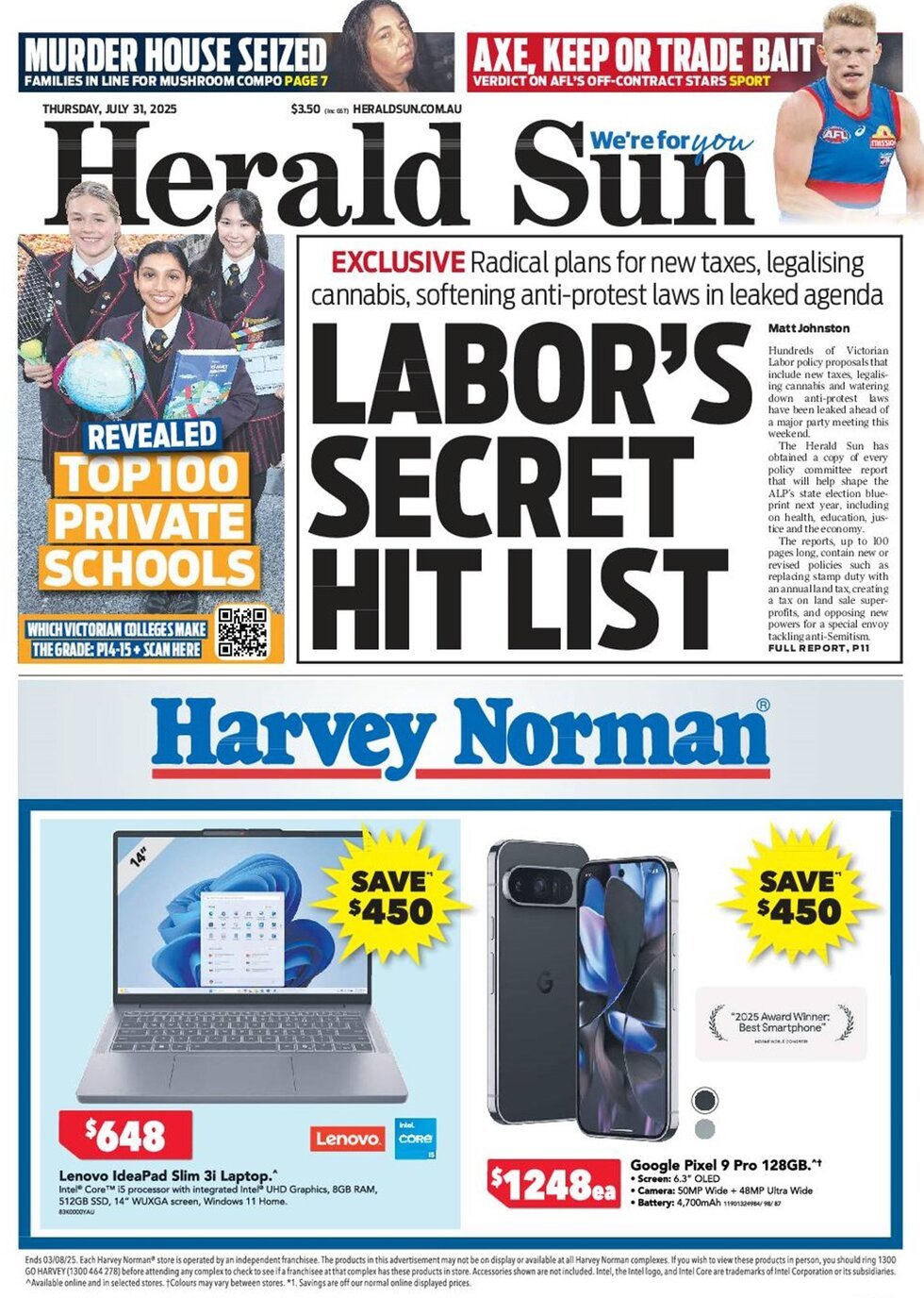 Prima Pagina Herald Sun 31/07/2025