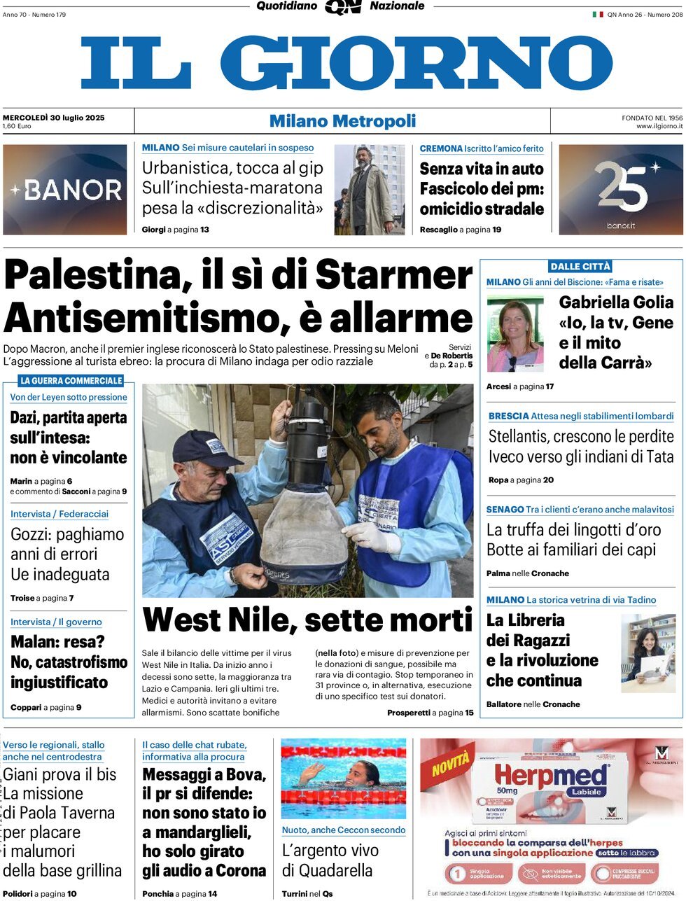 Prima Pagina Il Giorno (Milano Metropoli) 30/07/2025