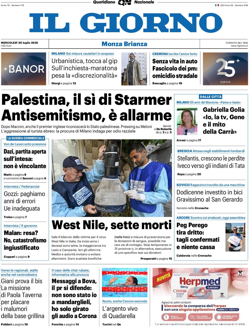 Prima Pagina Il Giorno (Monza Brianza) 30/07/2025