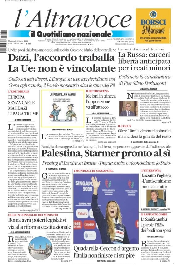 Prima Pagina Il Quotidiano del Sud L'Altravoce 30/07/2025