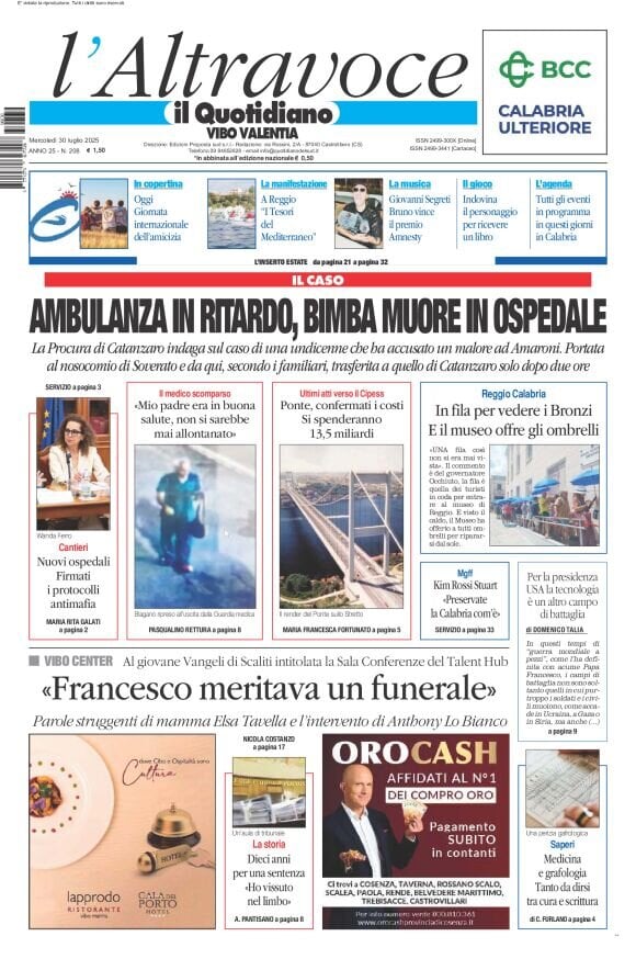 Prima Pagina Il Quotidiano del Sud (Vibo Valentia) 30/07/2025