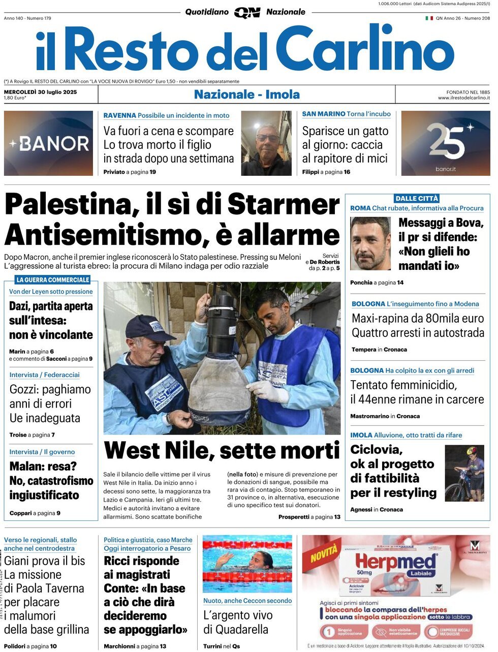 Prima Pagina Il Resto del Carlino 30/07/2025