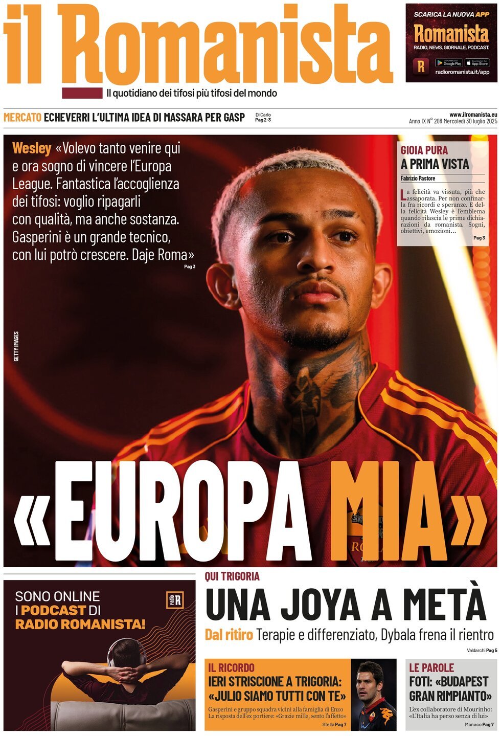 Prima Pagina Il Romanista 30/07/2025