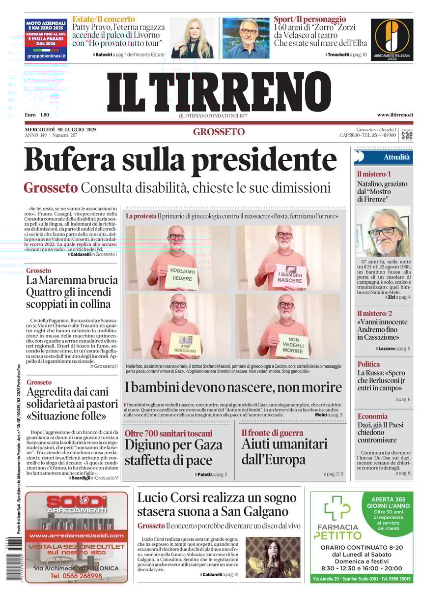 Prima Pagina Il Tirreno (Grosseto) 30/07/2025
