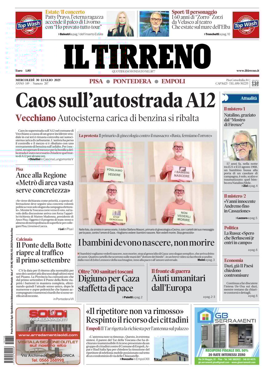 Prima Pagina Il Tirreno (Pisa, Pontedera) 30/07/2025