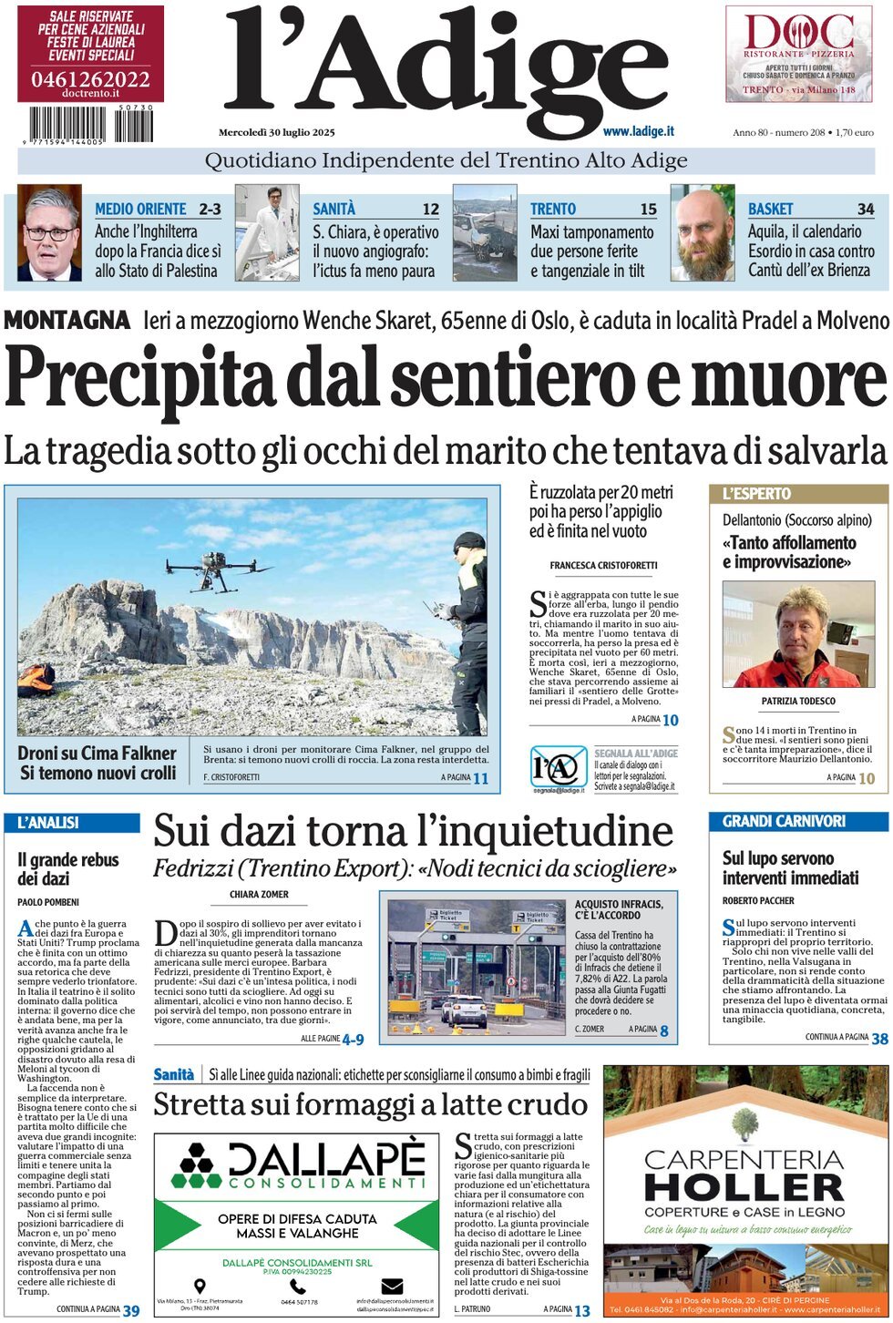 Prima Pagina L'Adige 30/07/2025