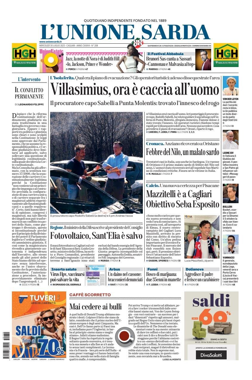 Prima Pagina L'Unione Sarda 30/07/2025