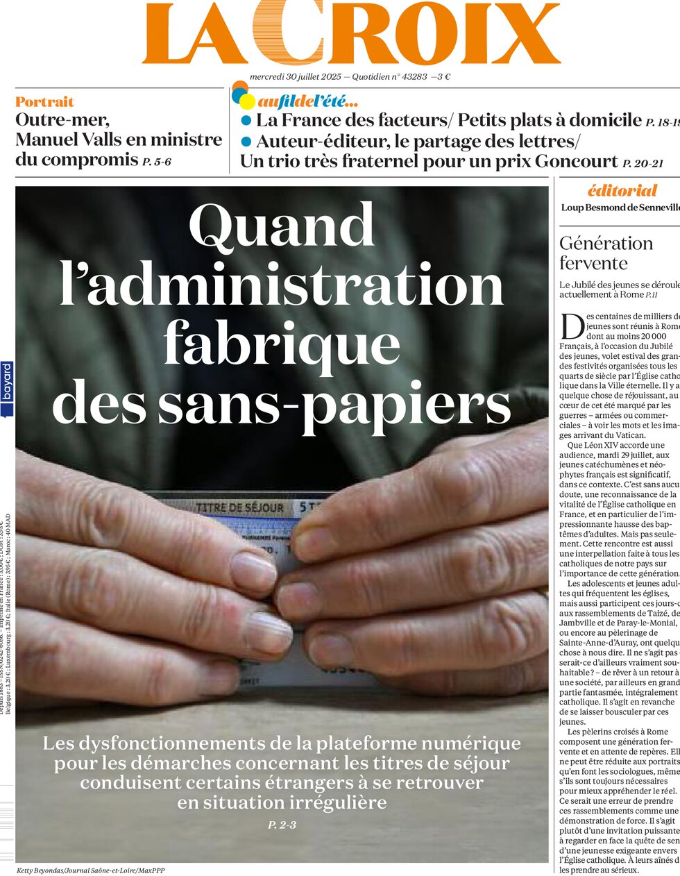 Prima Pagina La Croix 30/07/2025