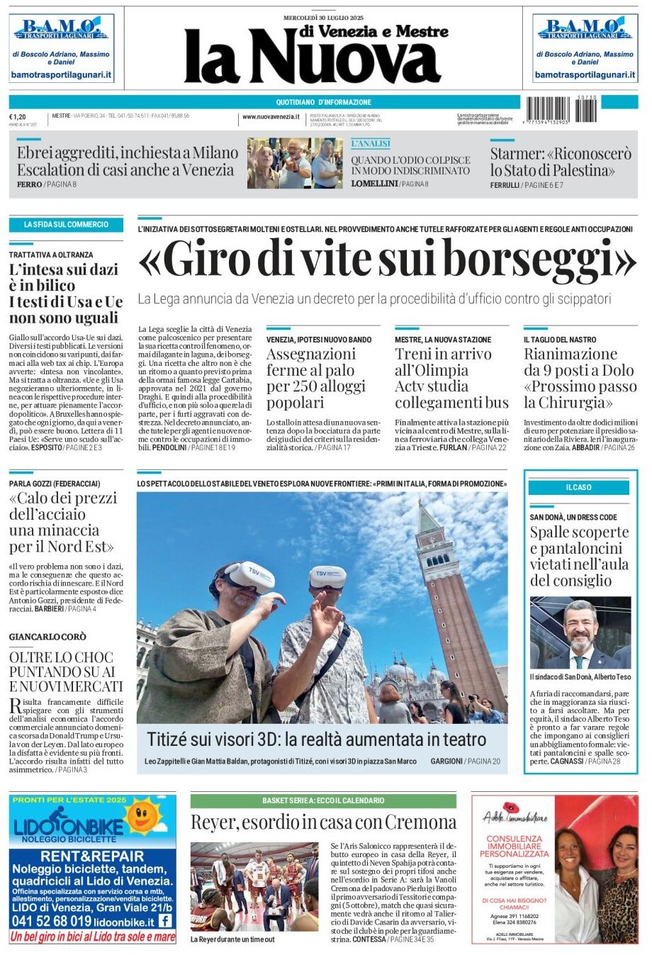 Prima Pagina La Nuova di Venezia e Mestre 30/07/2025