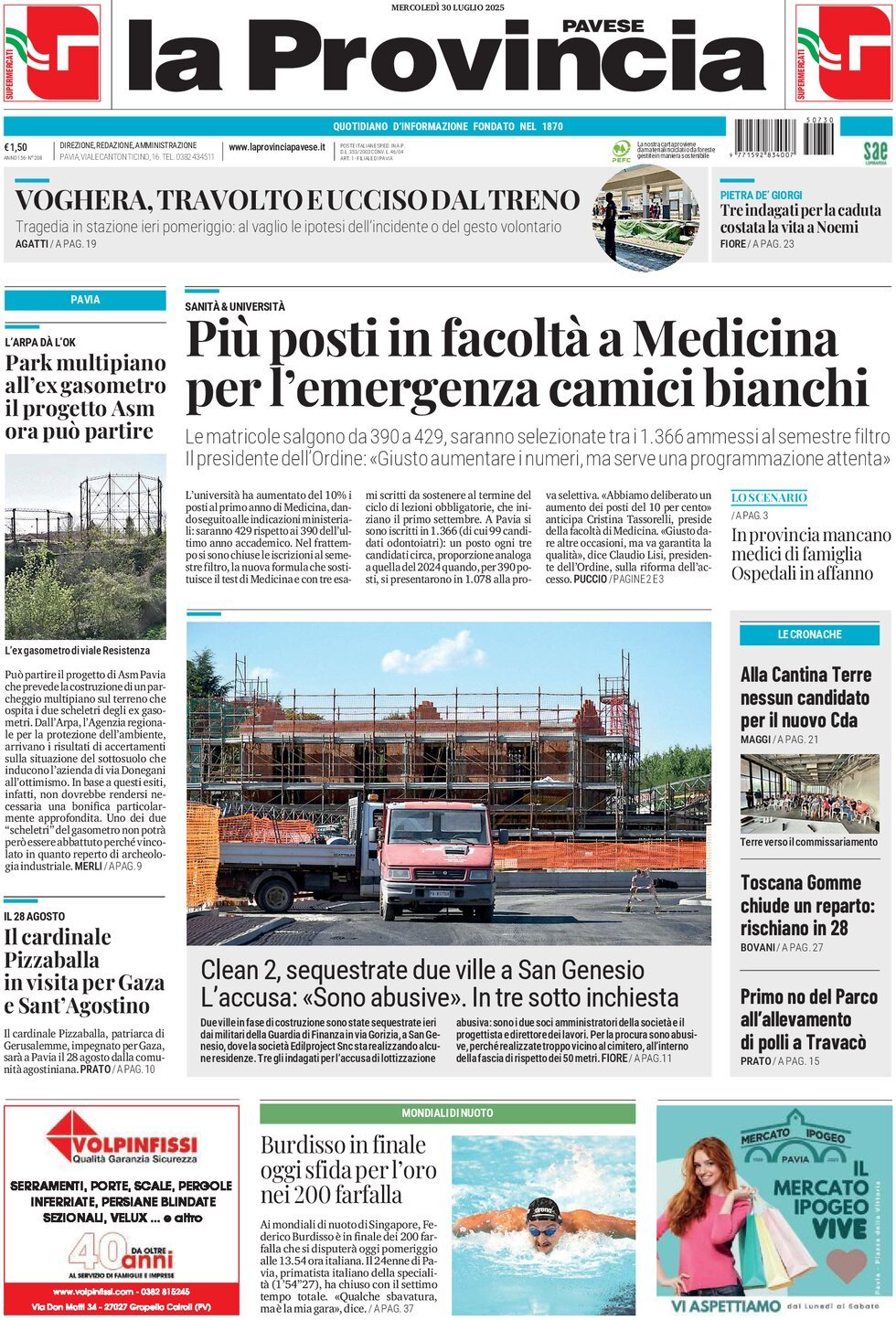 Prima Pagina La Provincia Pavese 30/07/2025
