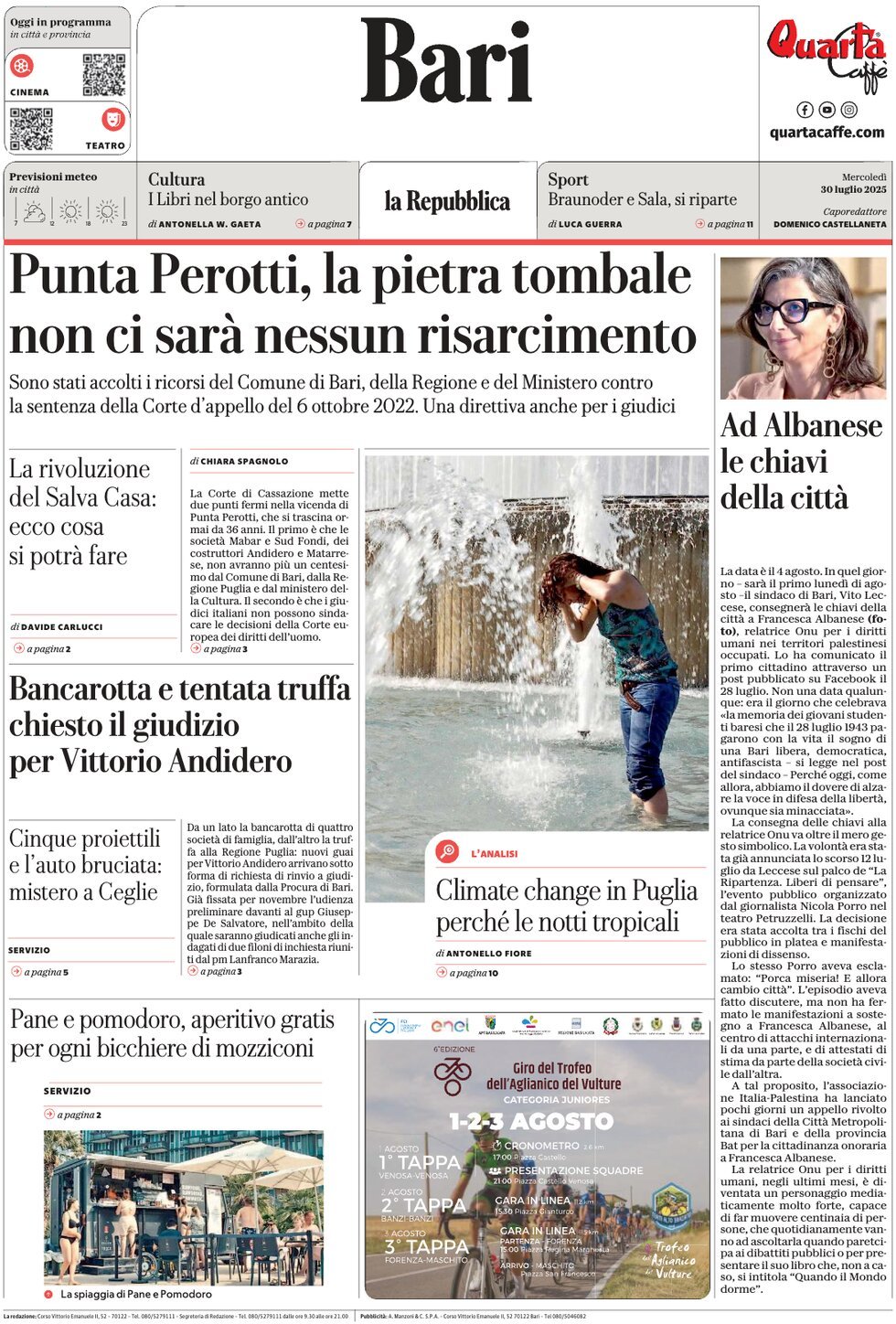 Prima Pagina La Repubblica (Bari) 30/07/2025
