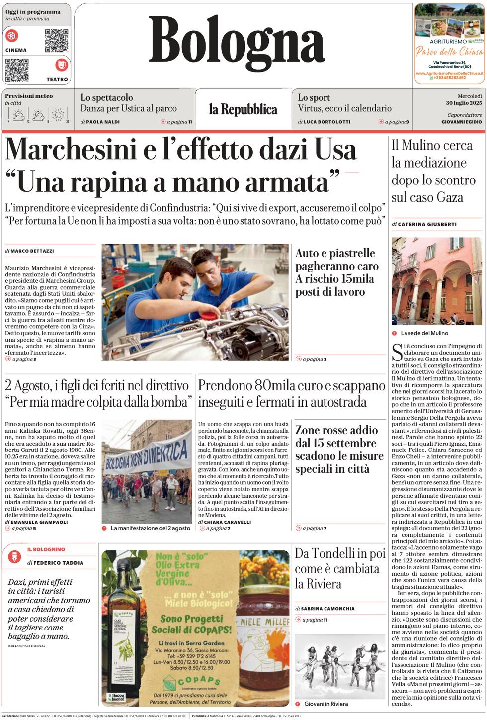 Prima Pagina La Repubblica (Bologna) 30/07/2025
