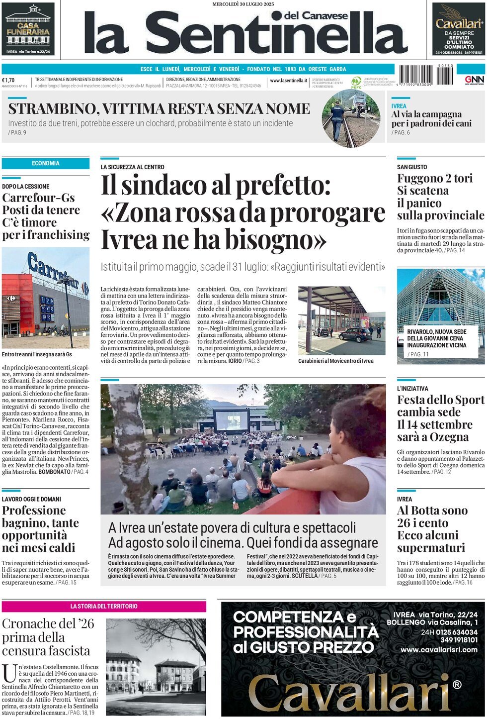 Prima Pagina La Sentinella del Canavese 30/07/2025