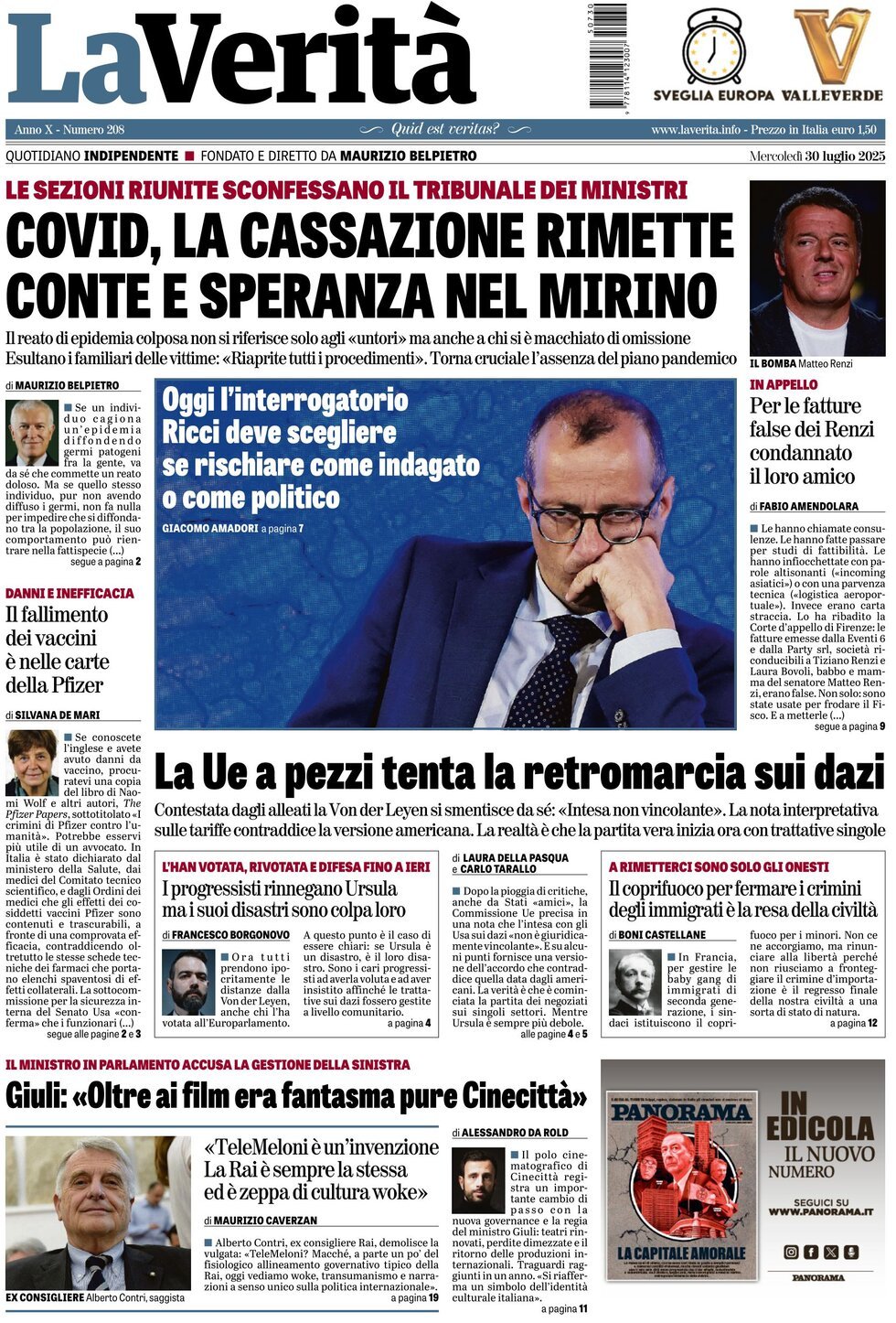 Prima Pagina La Verità 30/07/2025