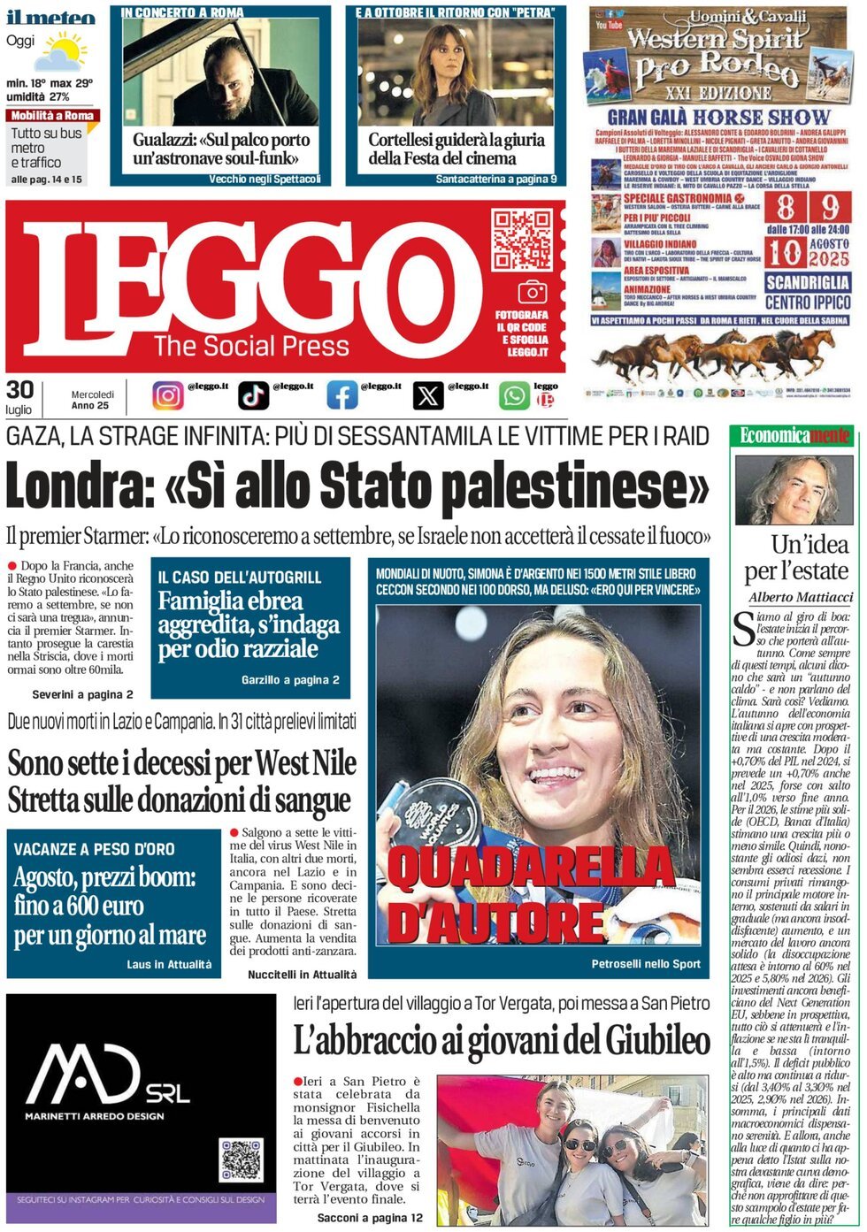 Prima Pagina Leggo (Roma) 30/07/2025