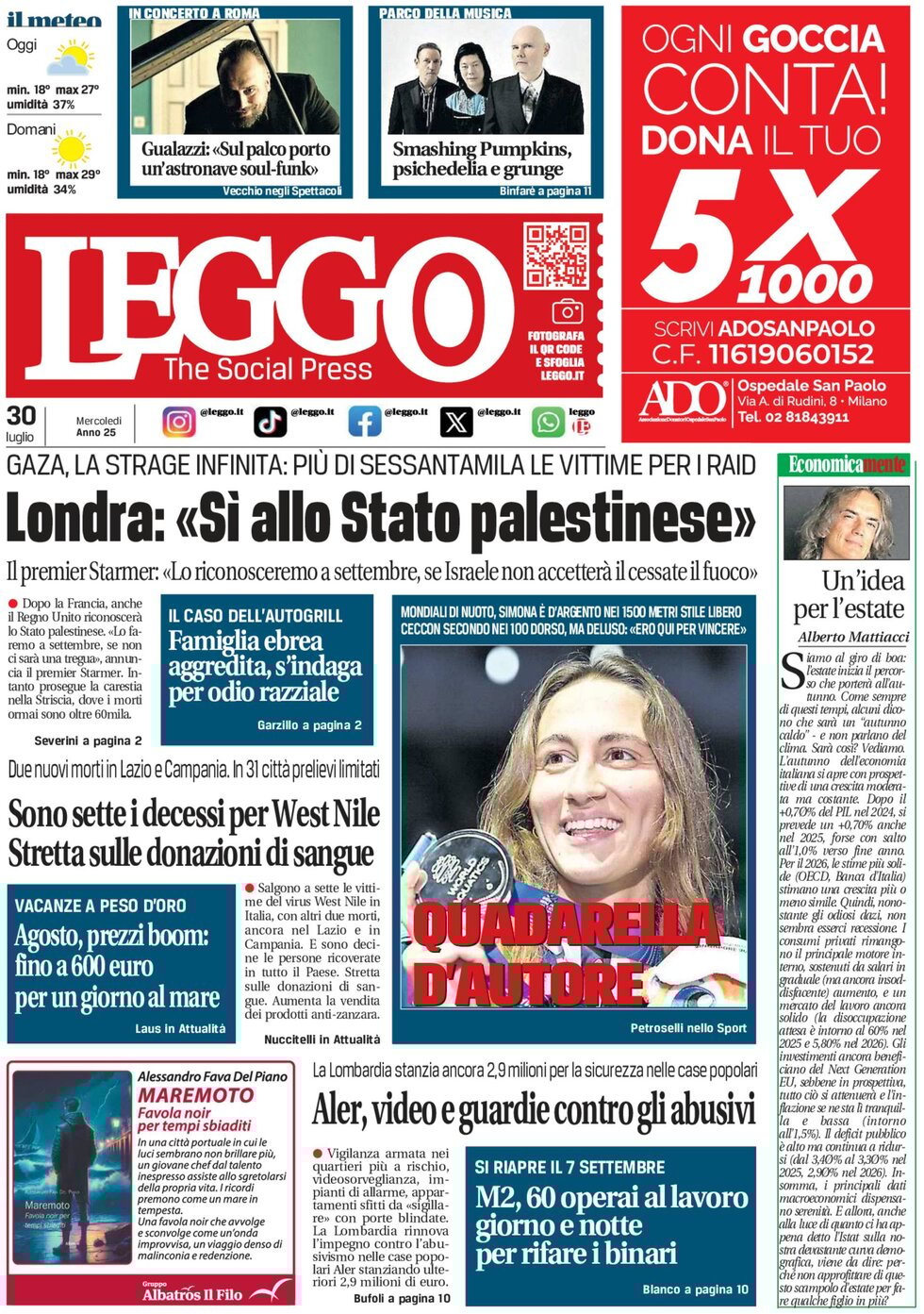 Prima Pagina Leggo (Milano) 30/07/2025