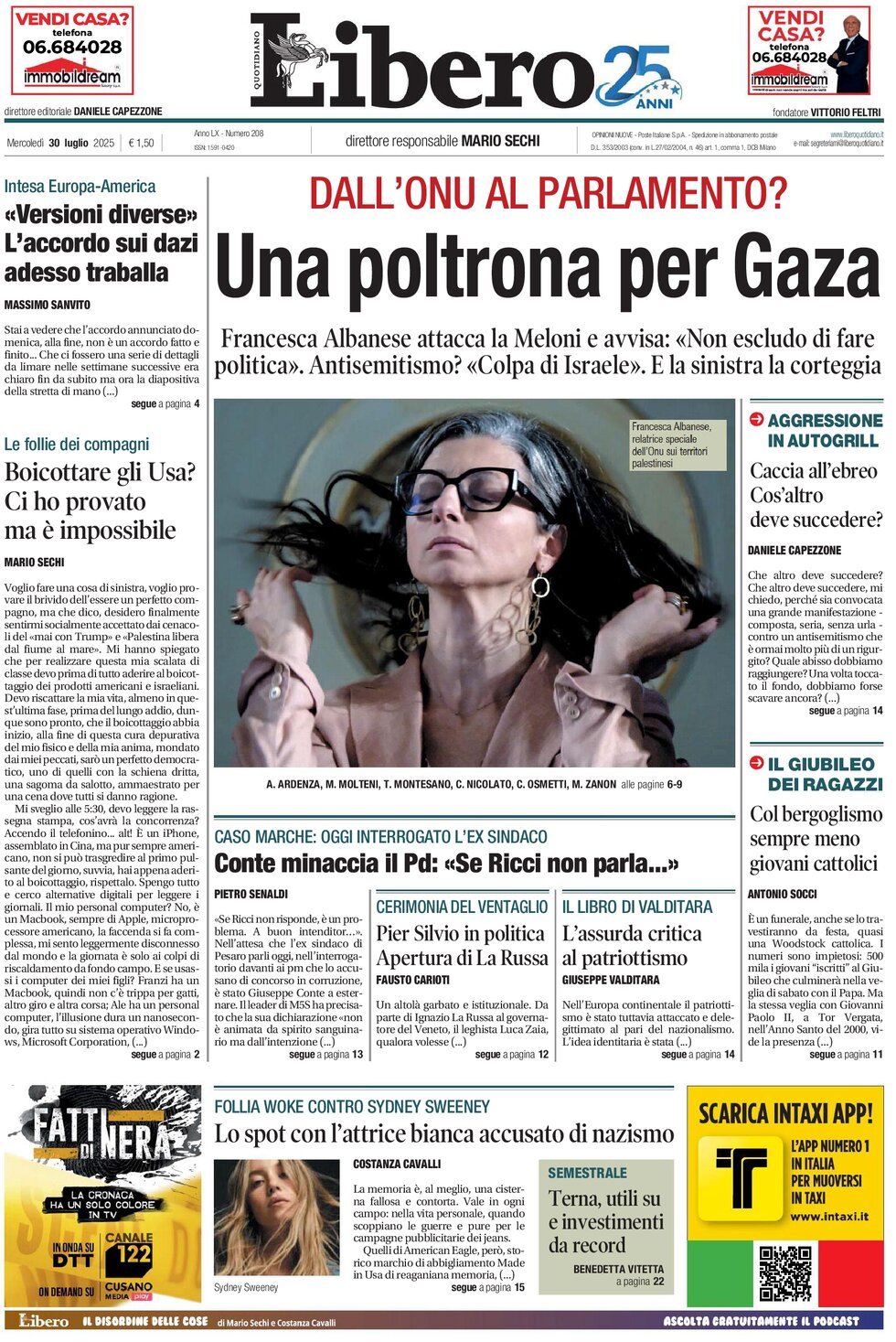 Prima Pagina Libero Quotidiano 30/07/2025
