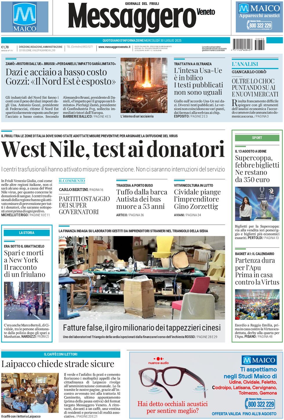 Prima Pagina Messaggero Veneto (Udine) 30/07/2025