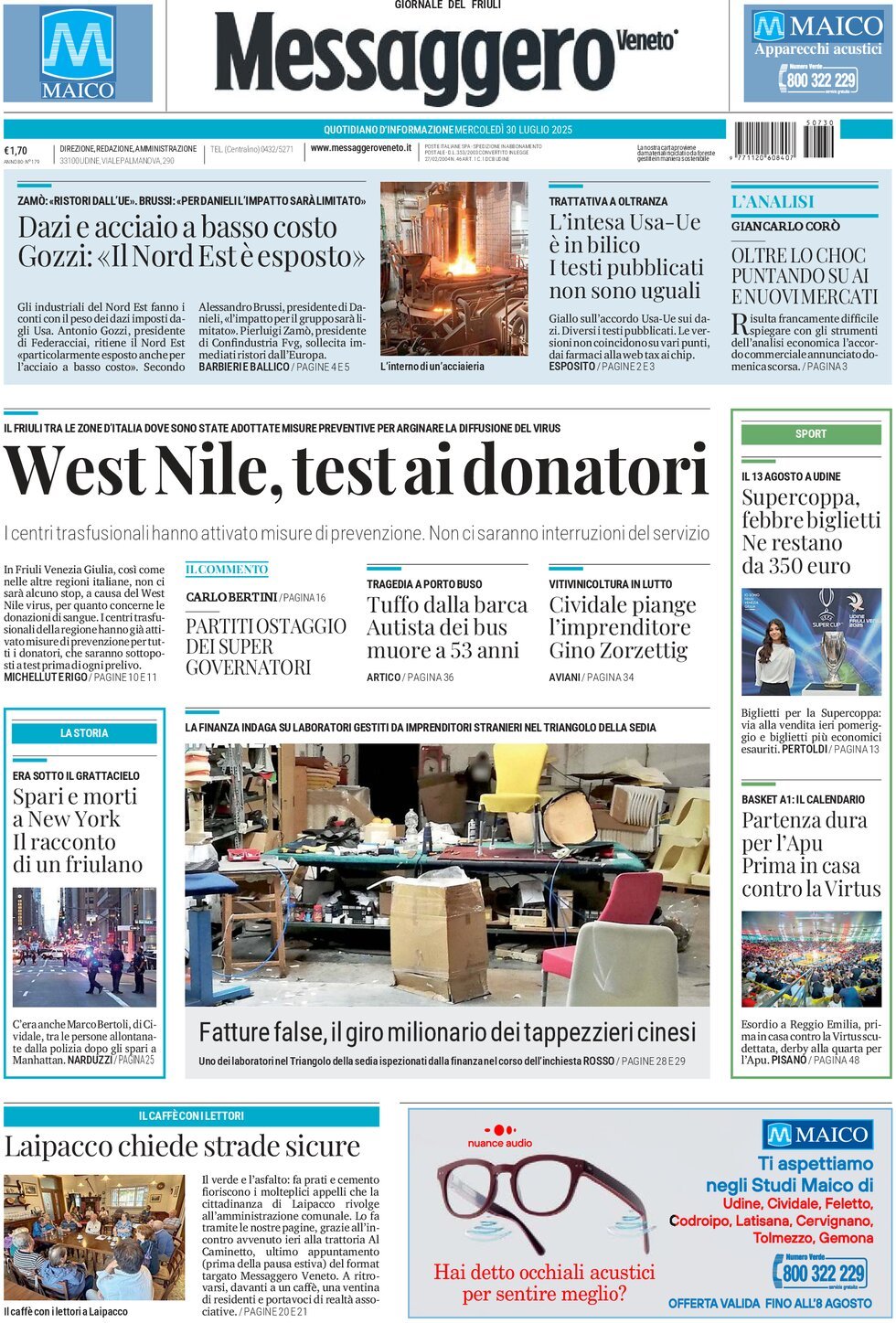 Prima Pagina Messaggero Veneto (Gorizia) 30/07/2025
