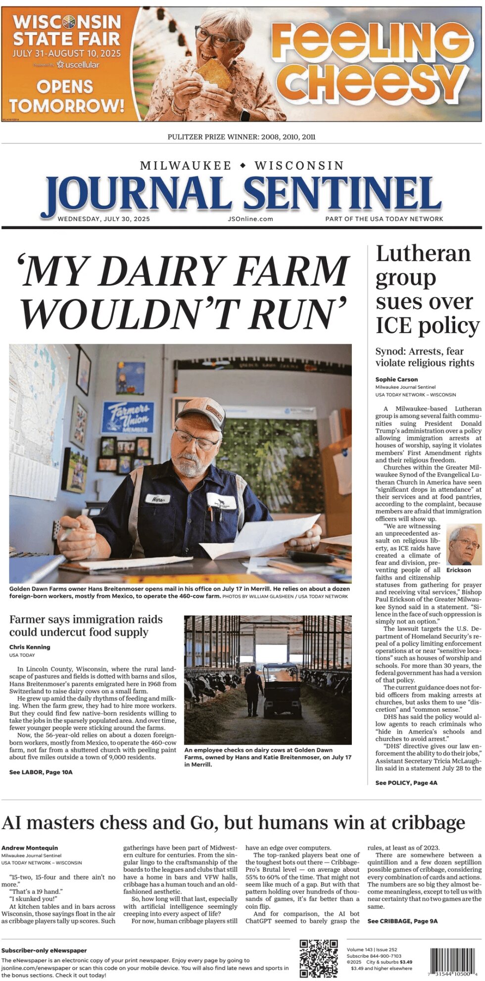 Prima Pagina Milwaukee Journal Sentinel 30/07/2025