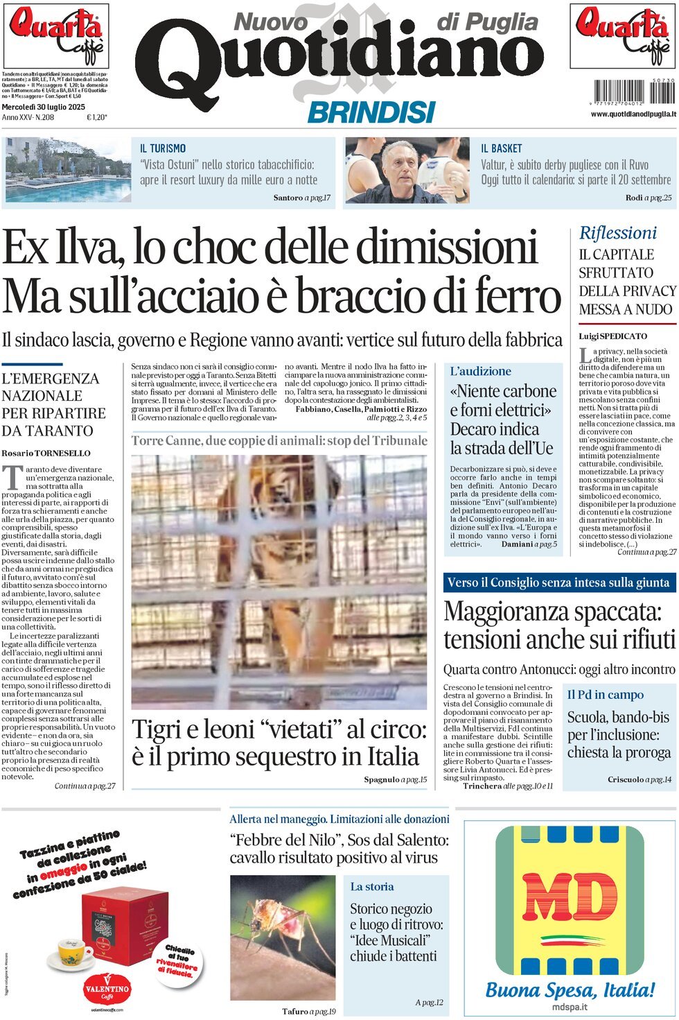 Prima Pagina Nuovo Quotidiano di Puglia (Brindisi) 30/07/2025