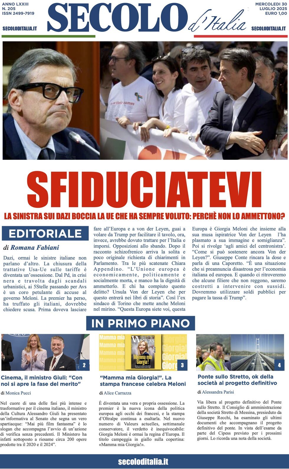 Prima Pagina Secolo d'Italia 30/07/2025
