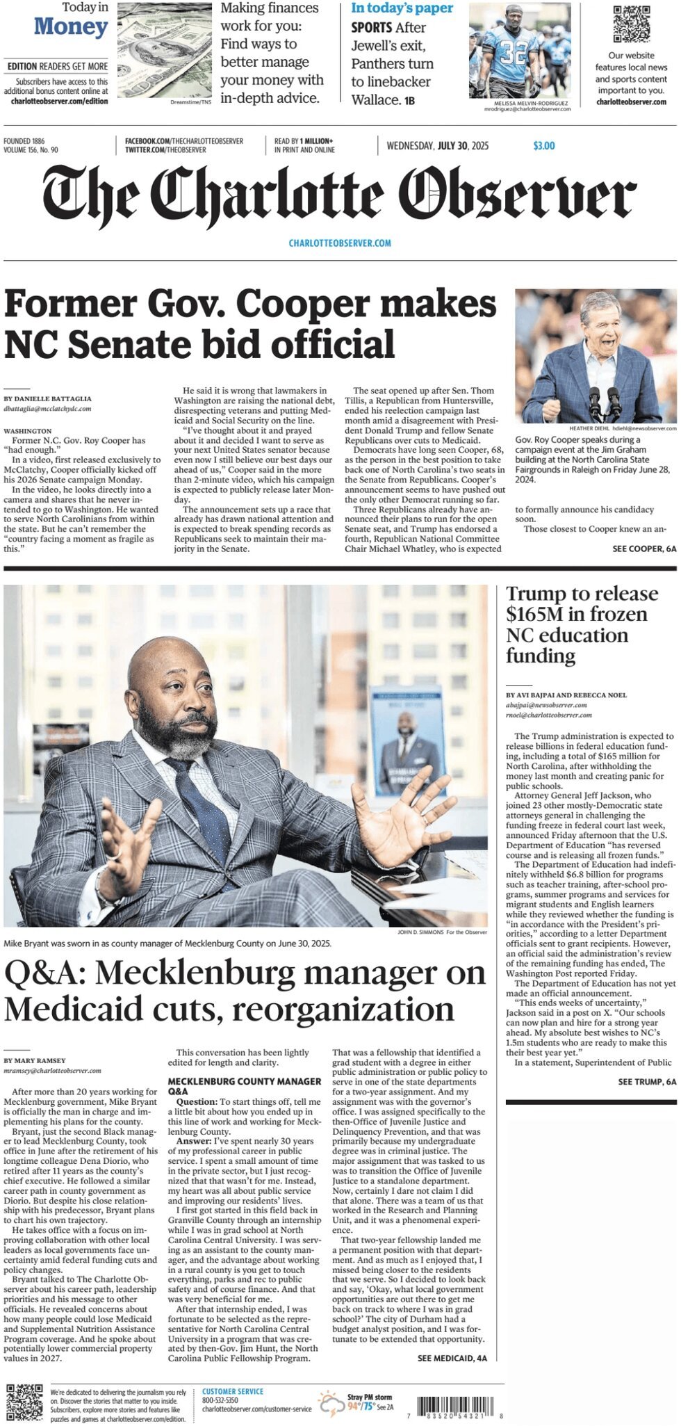 Prima Pagina The Charlotte Observer 30/07/2025