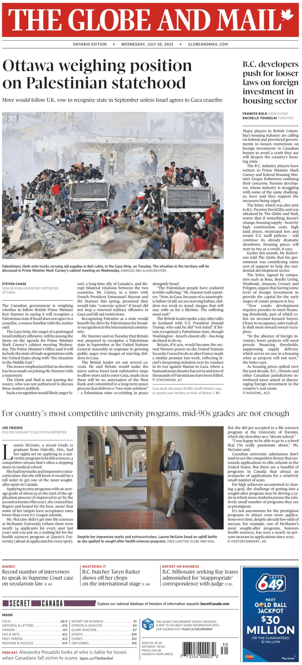 Prima Pagina The Globe and Mail 30/07/2025