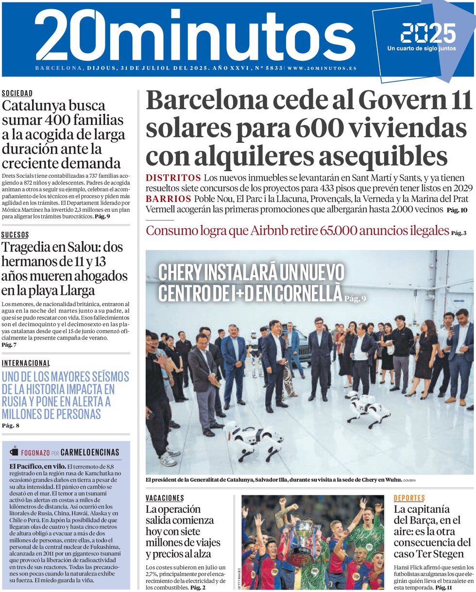 Prima Pagina 20 minutos (Barcelona) 31/07/2025