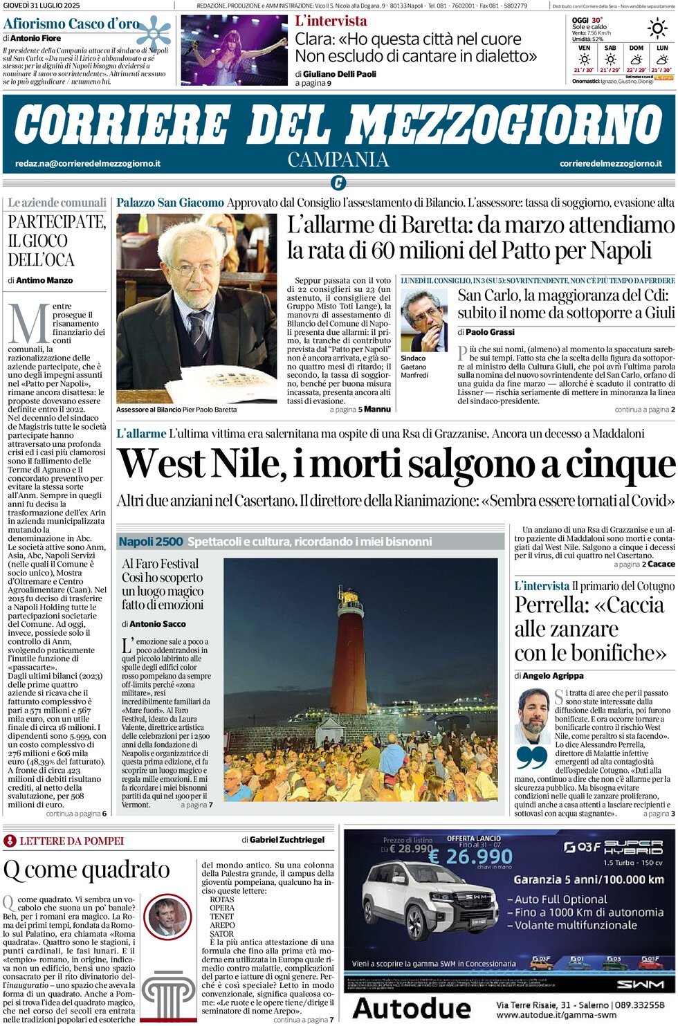Prima Pagina Corriere del Mezzogiorno (Campania) 31/07/2025
