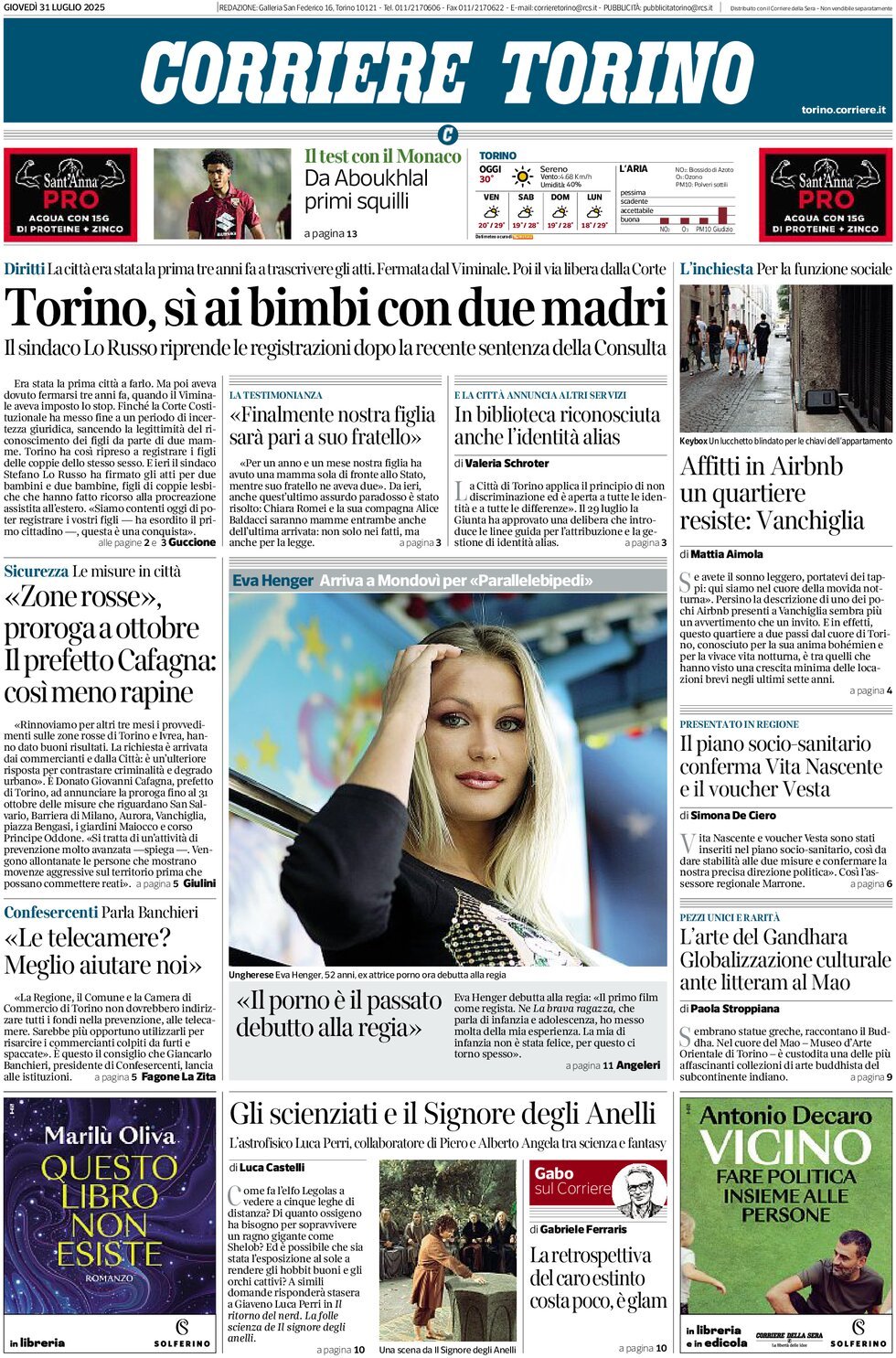 Prima Pagina Corriere Torino 31/07/2025