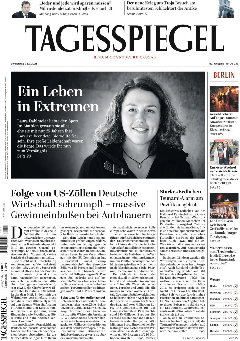 Prima Pagina Der Tagesspiegel 31/07/2025