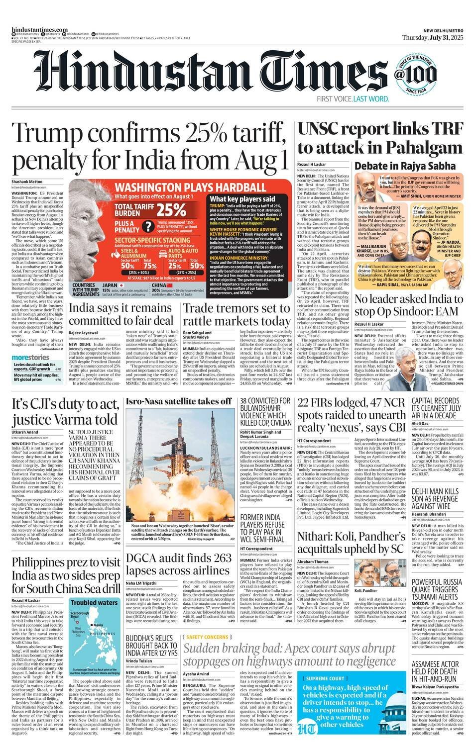 Prima Pagina Hindustan Times 31/07/2025