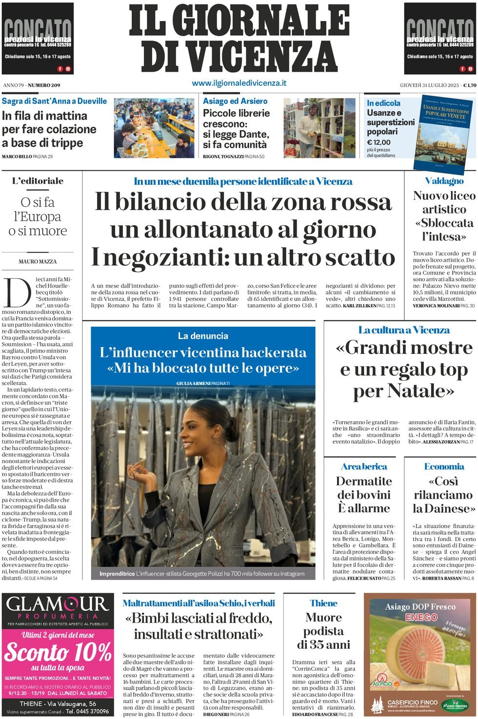 Prima Pagina Il Giornale di Vicenza 31/07/2025