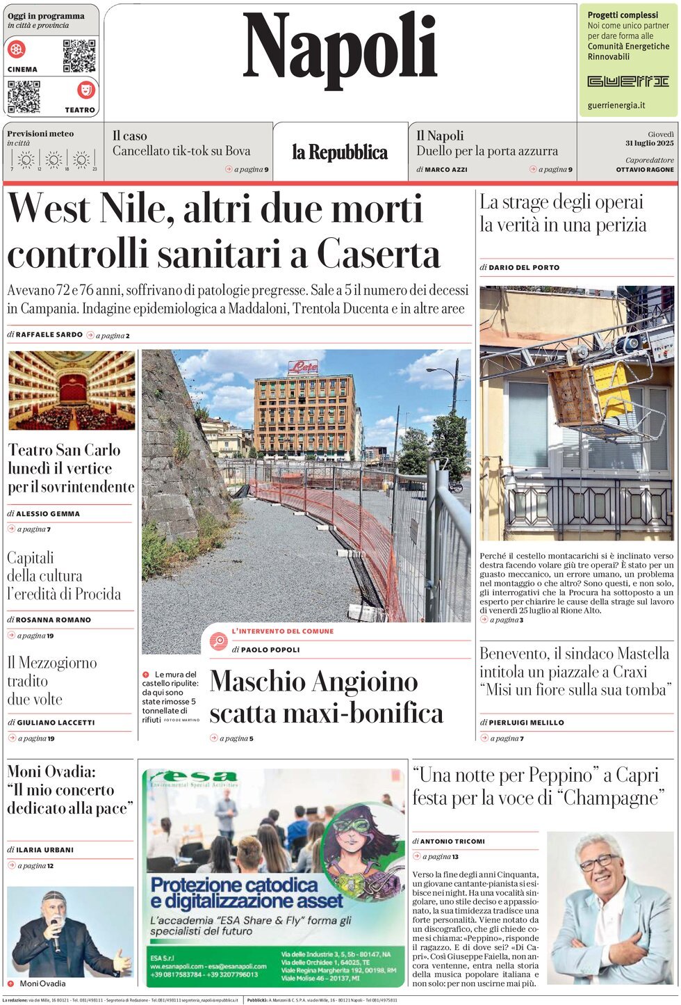 Prima Pagina La Repubblica (Napoli) 31/07/2025