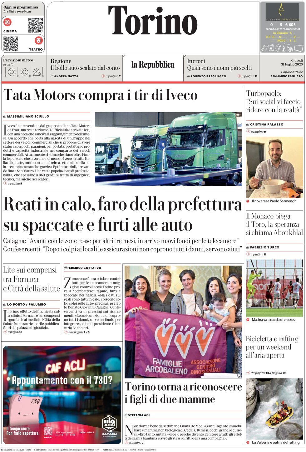 Prima Pagina La Repubblica (Torino) 31/07/2025