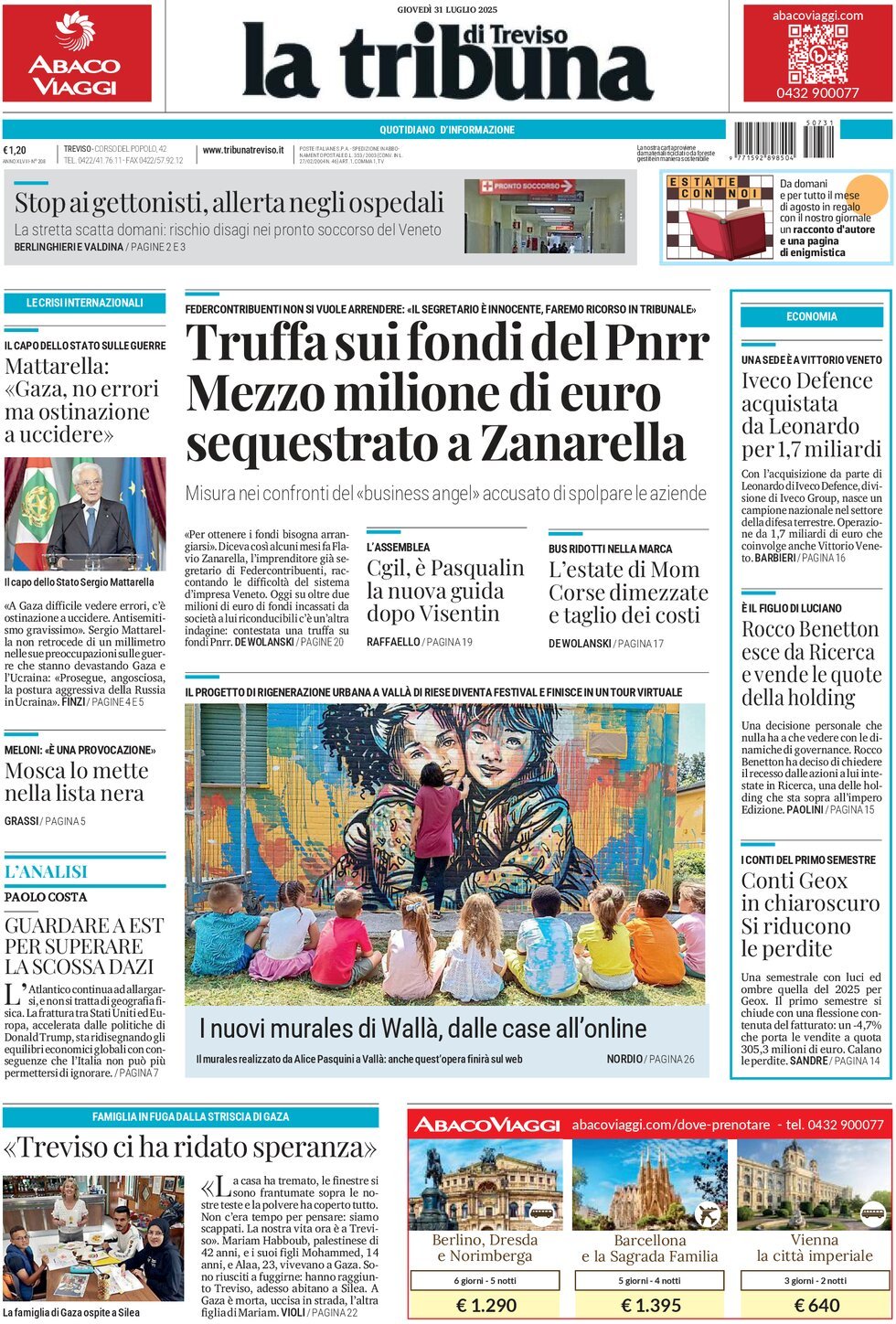 Prima Pagina La Tribuna di Treviso 31/07/2025