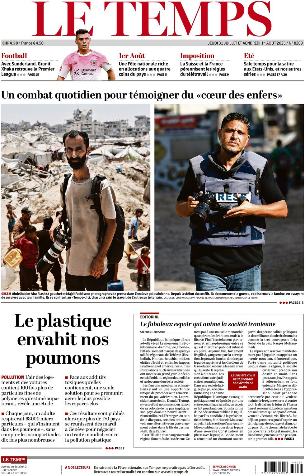 Prima Pagina Le Temps 31/07/2025