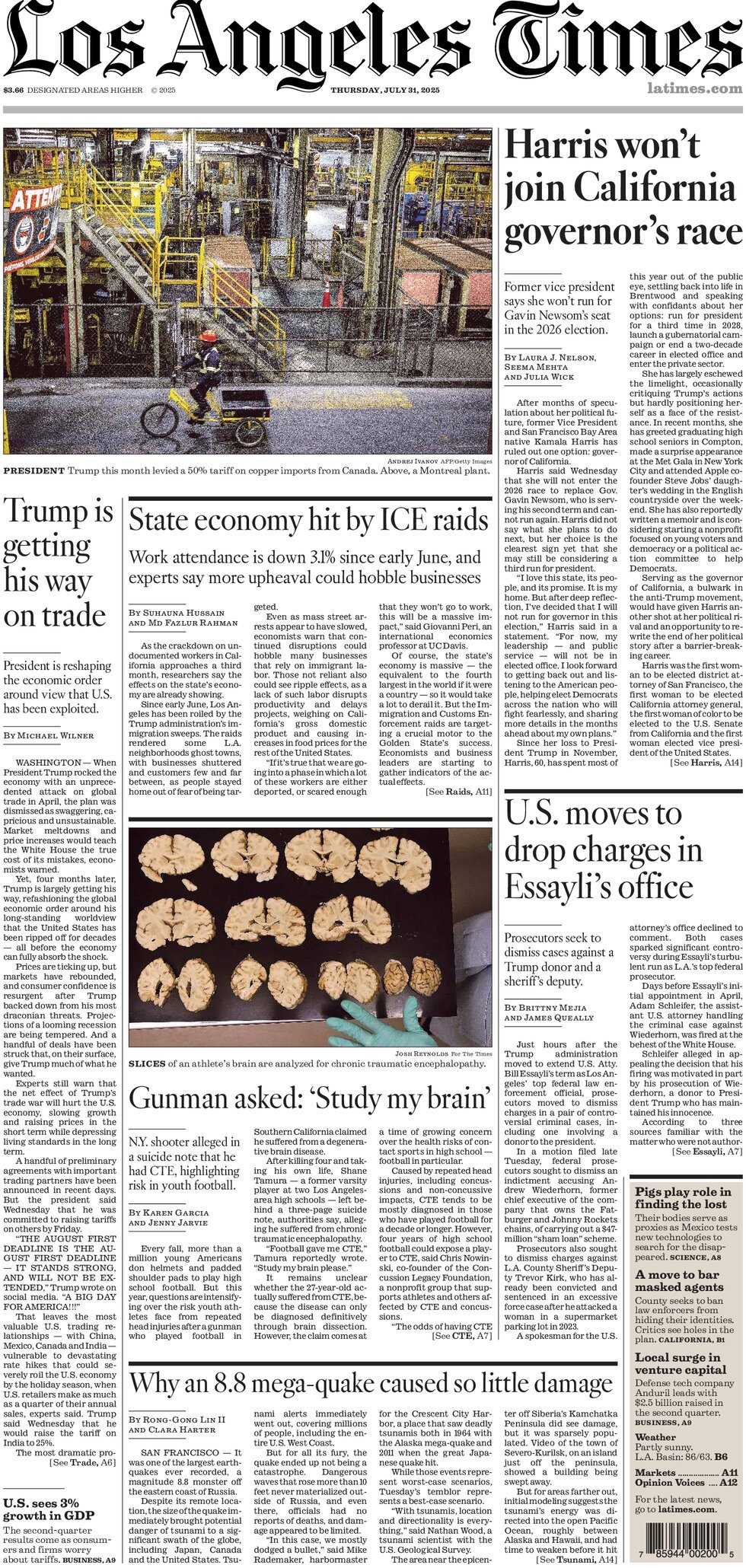Prima Pagina Los Angeles Times 31/07/2025