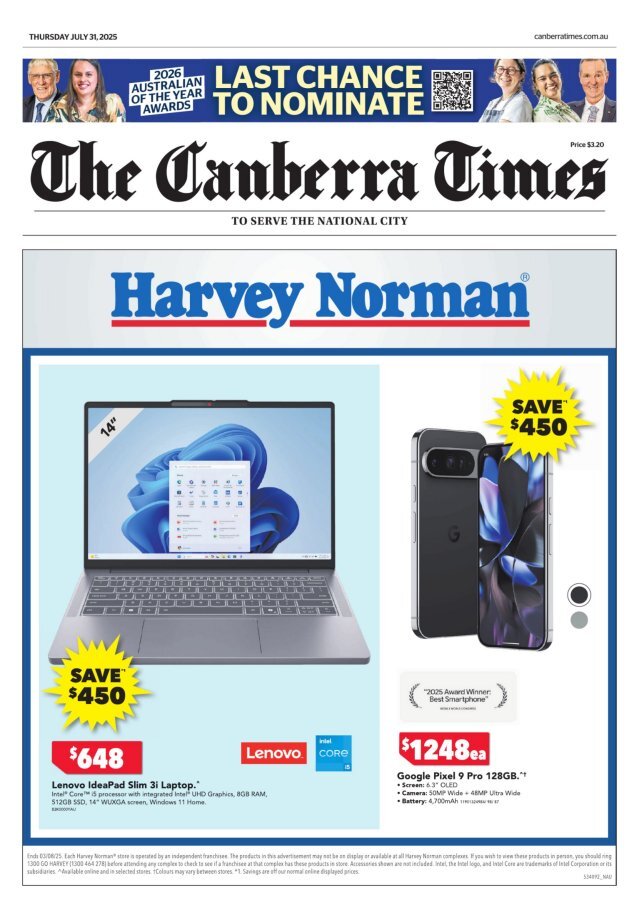Prima Pagina The Canberra Times 31/07/2025